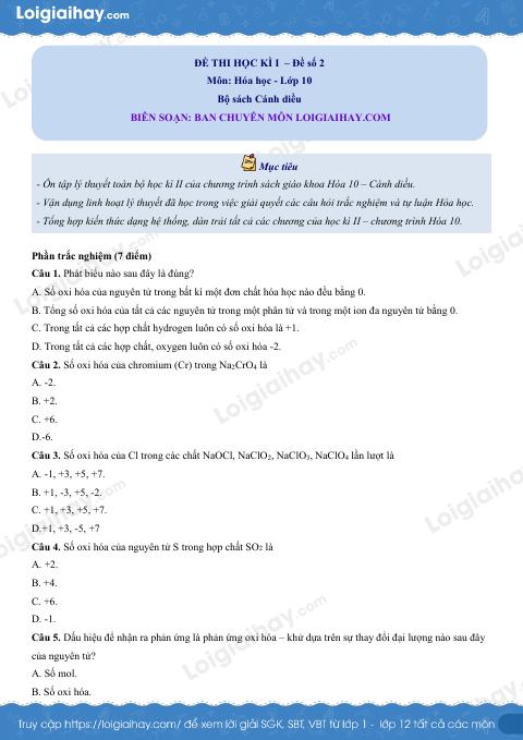 Đề thi học kì 2 Hóa 10 Cánh diều - Đề 2